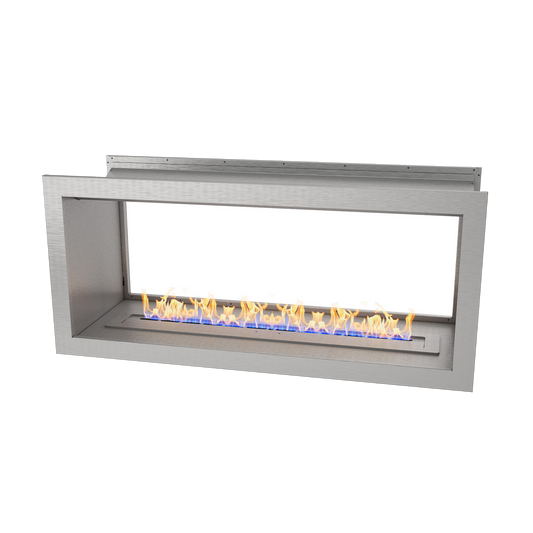 Icon Fires Double Sided Slimline Firebox 1100 met Slimline 800 Brander, roestvrijstalen haard met vlammen