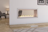 Icon Fires Double Sided Slimline Firebox 1100 met Slimline 800 Brander in woonkamer