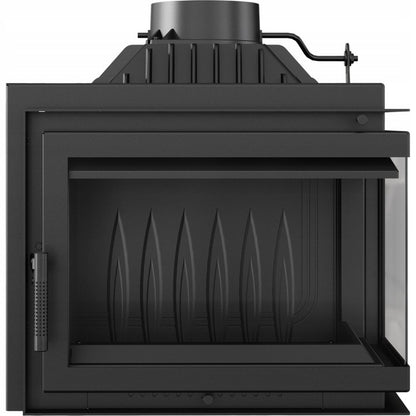 Kratki Simple M 10 kW Rechts, zwarte houtkachel met glazen zijpaneel en decoratieve binnenkant.