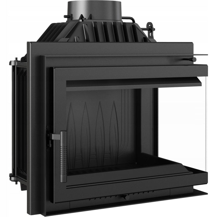 Zwarte Kratki Simple M 10 kW Rechts houtkachel met glazen zijpaneel en bovenste rookafvoer.