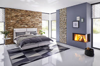 Spartherm Premium Corner 80x40x50 in moderne slaapkamer met brandend haardvuur