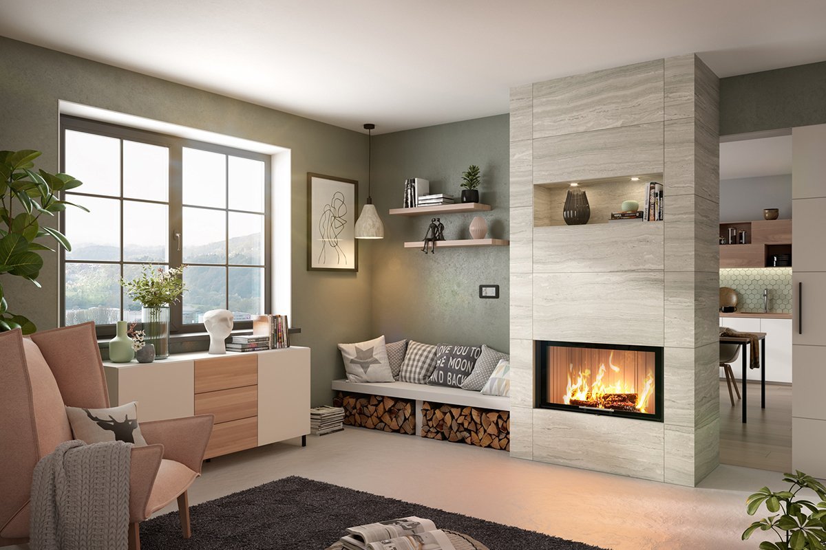 Spartherm Linear Front 87x50 ingebouwd in moderne woonkamer met brandend vuur