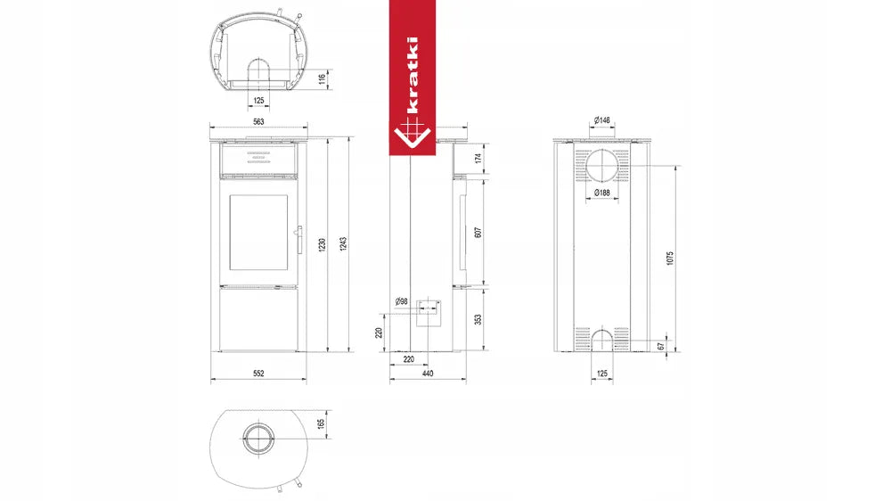 Technische tekening van Kratki Falcon Hoog met gedetailleerde afmetingen en doorsneden.