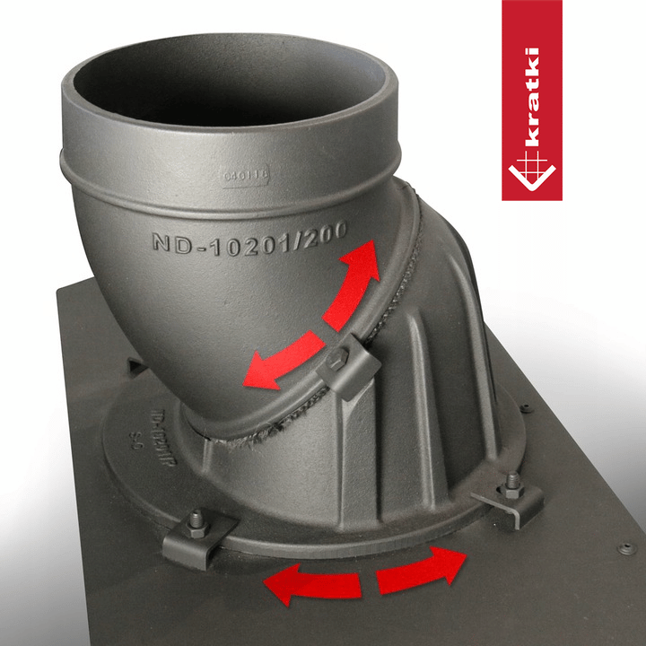 Kratki Lucy 12 kW metalen pijp met rode pijlen die de verstelbaarheid aangeven.