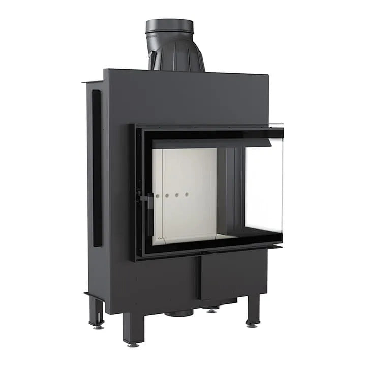 Zwarte Kratki Lucy 12 kW Rechts houtkachel met glazen zijpaneel en moderne uitstraling.