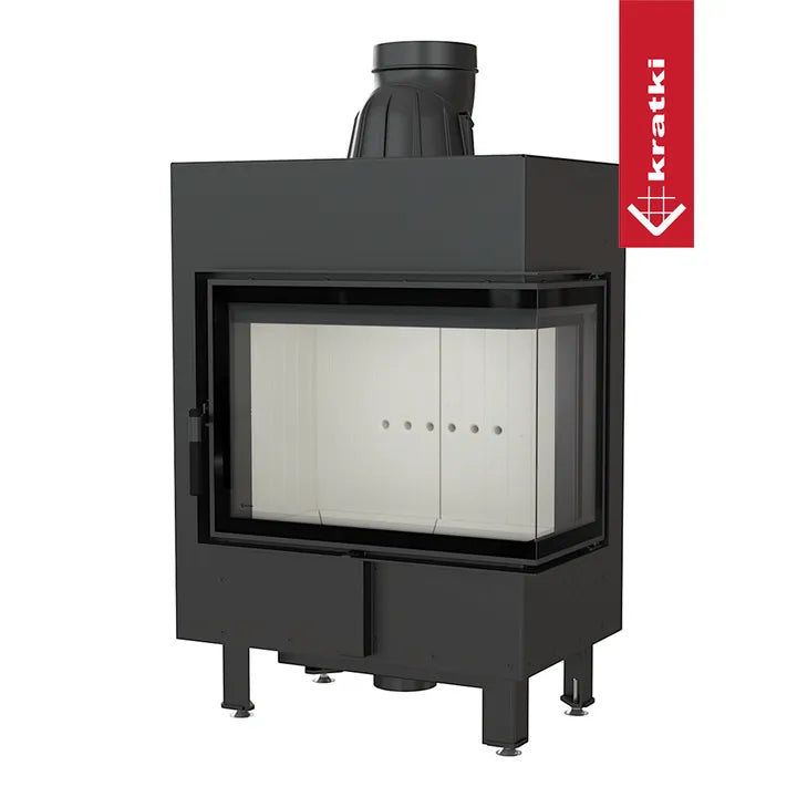 Zwarte Kratki Lucy 12 kW Rechts houtkachel met glazen zijpaneel en bovenste rookafvoer.
