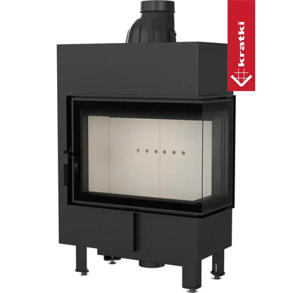 Kratki Lucy 12 kW Slim Rechts, moderne hoekhaard met glazen zijpaneel en zwart metalen afwerking.