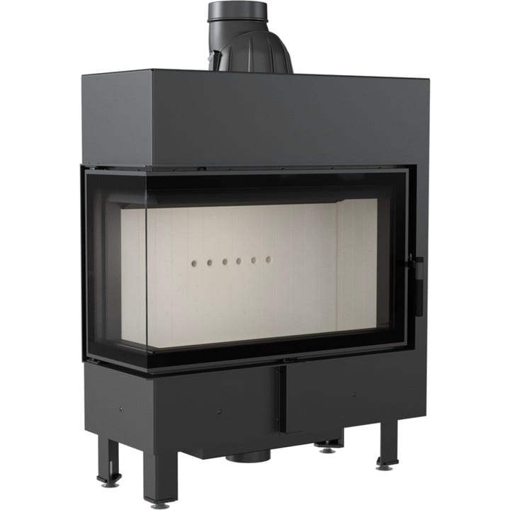 Kratki Lucy 14 kW Slim Links, een moderne zwarte houtkachel met glazen deur.