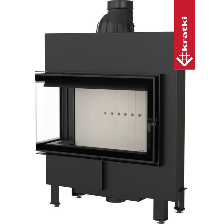 Kratki Lucy 14 kW Slim Links, een moderne zwarte inbouwhaard met glazen deur.