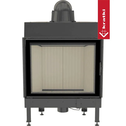 Kratki Nadia 13 kW houtkachel met glazen deur en zwart metalen frame.