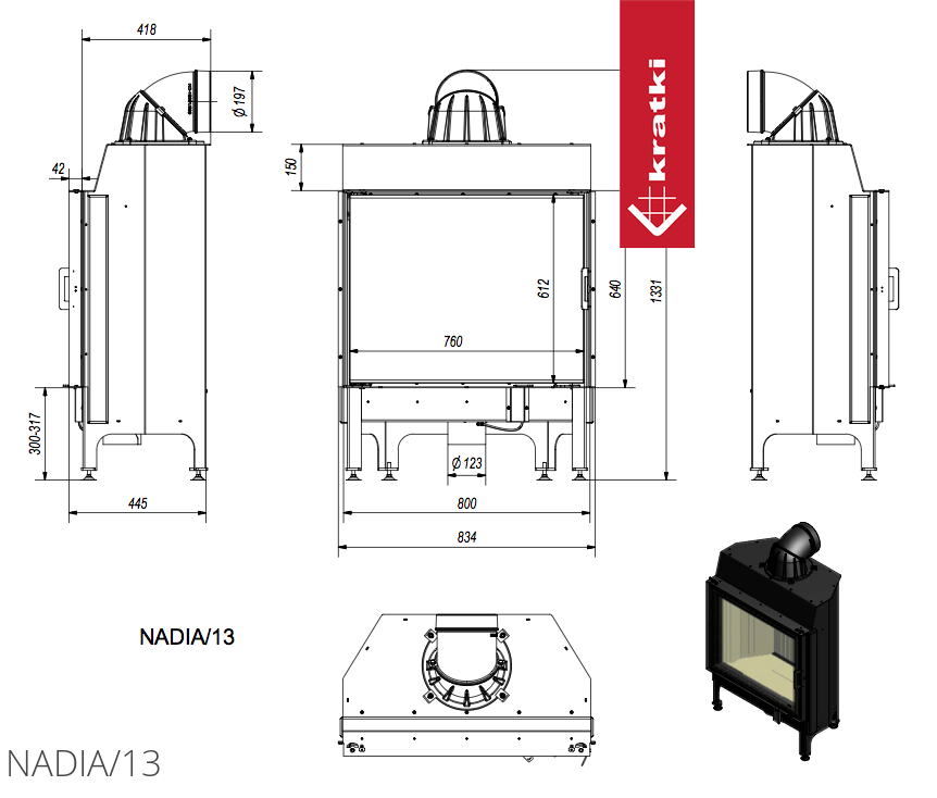 Technische tekening en afbeelding van de Kratki Nadia 13 kW houtkachel.