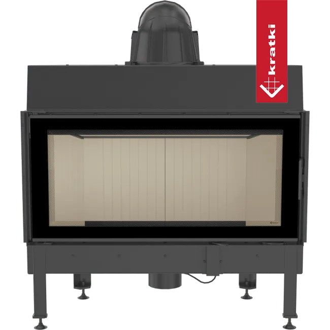 Kratki Nadia 14 kW houtkachel met glazen deur en zwart metalen frame.