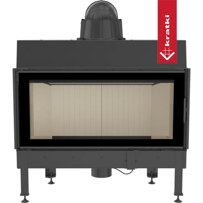 Kratki Nadia 14 kW houtkachel met glazen deur en zwart metalen frame.