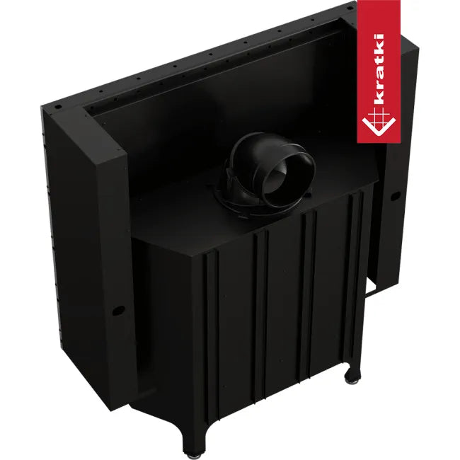 Zwarte Kratki Nadia 14 kW houtkachel met moderne, strakke lijnen en een robuuste constructie.