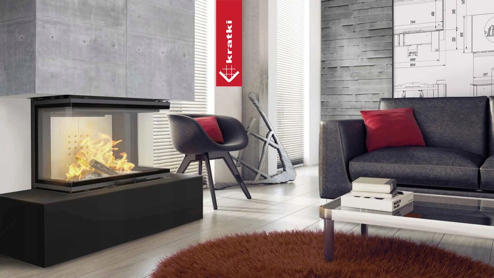Kratki NBC 800/400 haard in moderne woonkamer met brandend vuur