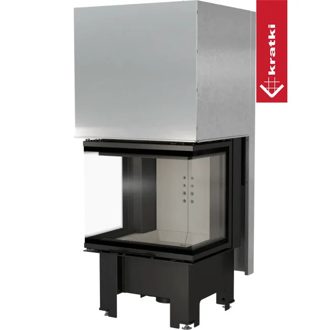 Kratki NBC 600/400 moderne inbouwhaard met glazen hoek en metalen behuizing.