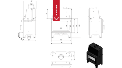 Technische tekening en afbeelding van de Kratki Aquario O 12 kW houtkachel.