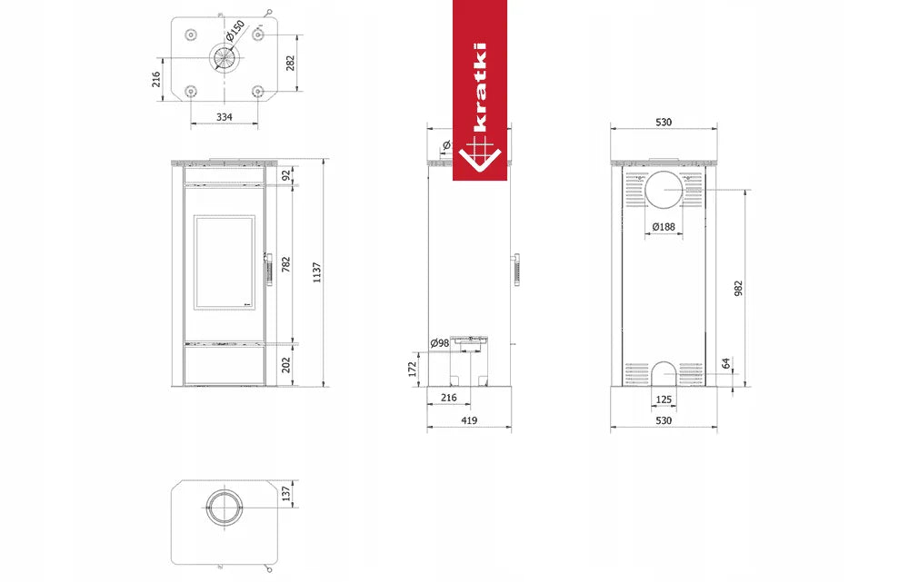 Technische tekening van Kratki Titan houtkachel met gedetailleerde afmetingen en aansluitpunten.