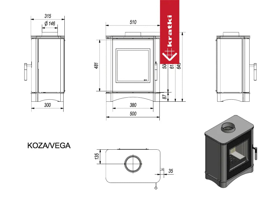 Technische tekening van Kratki Vega houtkachel met afmetingen en zij-, voor- en bovenaanzicht.