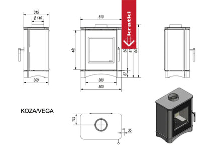 Technische tekening van Kratki Vega houtkachel met afmetingen en zij-, voor- en bovenaanzicht.