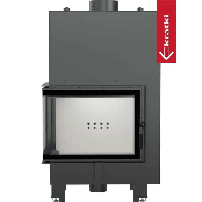 Kratki MBZ CV Links, moderne inbouwhaard met glazen deur en zwart metalen frame.