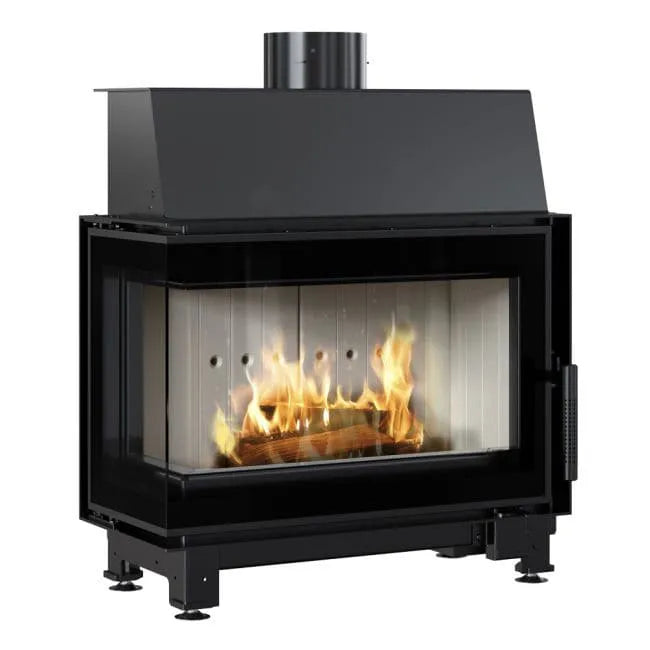 Kratki Simple S 8 kW Links, moderne houtkachel met glazen zijpaneel en zichtbare vlammen.