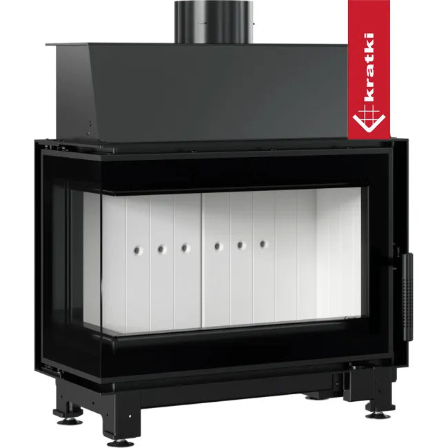 Kratki Simple S 8 kW Links, moderne zwarte houtkachel met glazen zijpaneel en witte binnenkant.