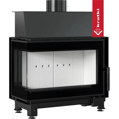 Kratki Simple S 8 kW Links, moderne zwarte houtkachel met glazen zijpaneel en witte binnenkant.