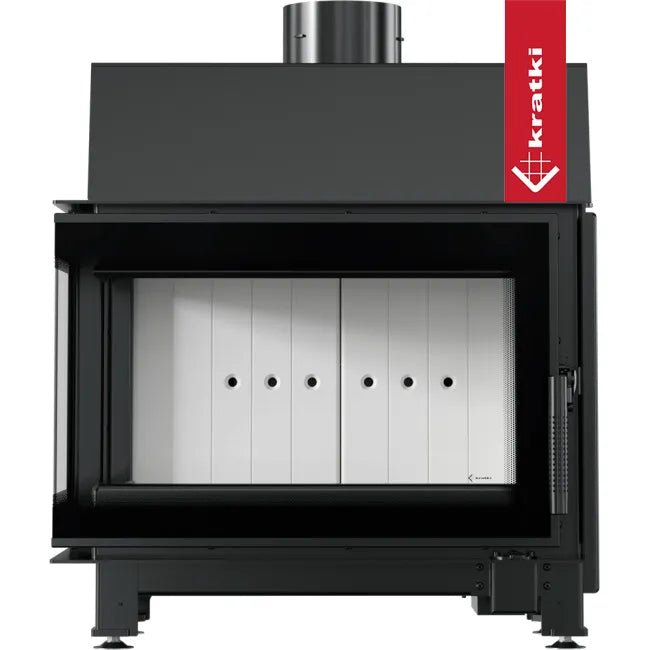 Kratki Simple S 8 kW Links, moderne zwarte houtkachel met glazen deur en witte binnenkant.