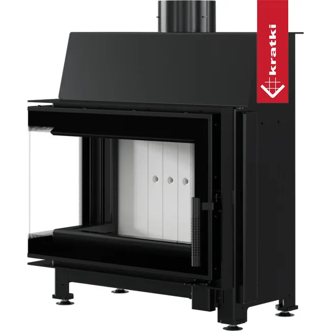 Kratki Simple S 8 kW Links, moderne zwarte houtkachel met glazen zijpaneel.