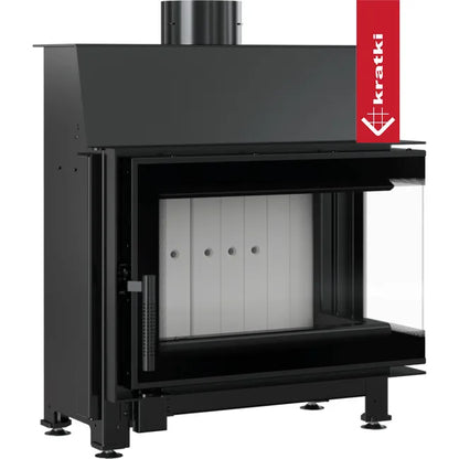 Kratki Simple S 8 kW Rechts, moderne zwarte houtkachel met glazen zijpaneel en schoorsteenpijp.