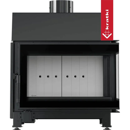 Kratki Simple S 8 kW Rechts, moderne zwarte houtkachel met glazen deur en metalen afwerking.