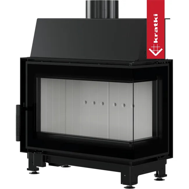 Kratki Simple S 8 kW Rechts, moderne zwarte houtkachel met glazen zijpaneel.