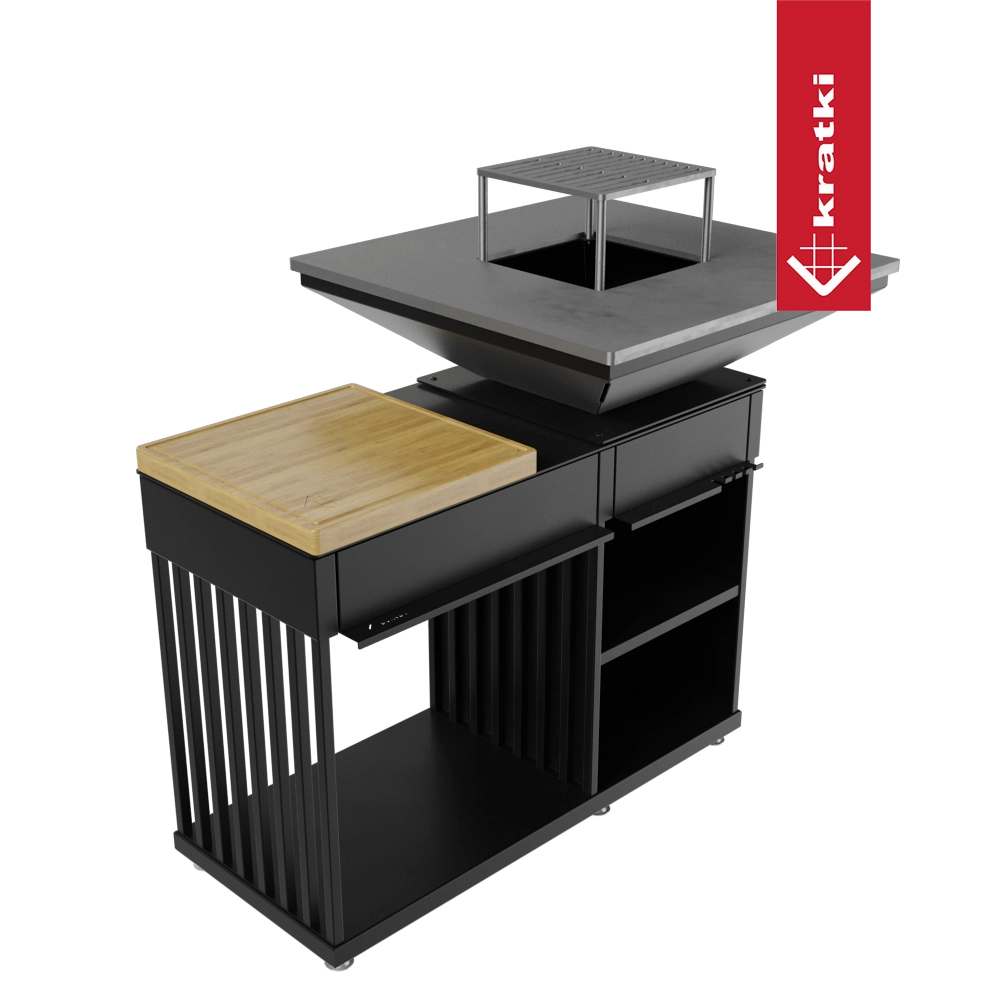 Kratki Quadrum BBQ buitenhaard met grillplaat en houten werkblad