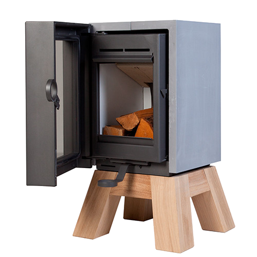 Wanders Oak Concrete houtkachel met open deur en houten onderstel