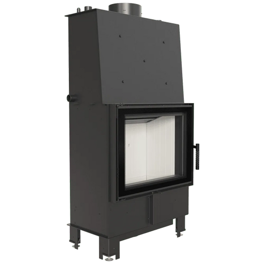 Zwarte Kratki Lucy CV 12 kW houtkachel met glazen deur en metalen behuizing.