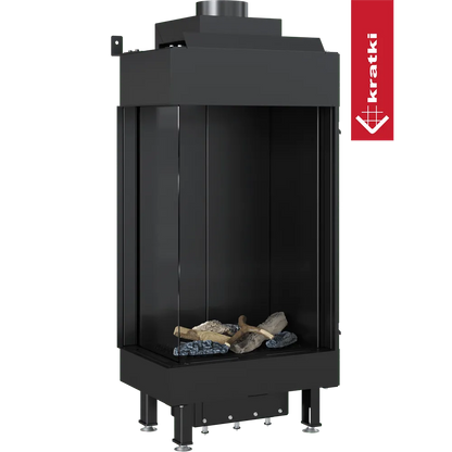 Kratki Leo 45/68 Links, moderne zwarte haard met glazen zijpaneel en decoratieve houtblokken.