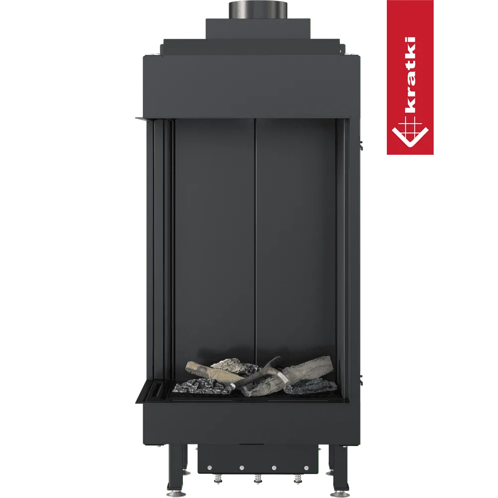Zwarte Kratki Leo 45/68 Links gashaard met houtblokken en stenen decoratie.