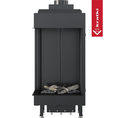 Zwarte Kratki Leo 45/68 Links gashaard met houtblokken en stenen decoratie.