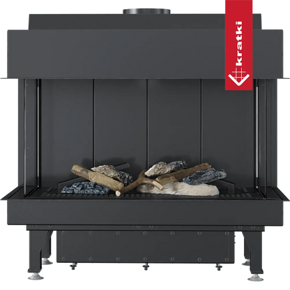 Kratki Leo 70 Links & Rechts haard met houtblokken en stenen, zwart metalen frame.