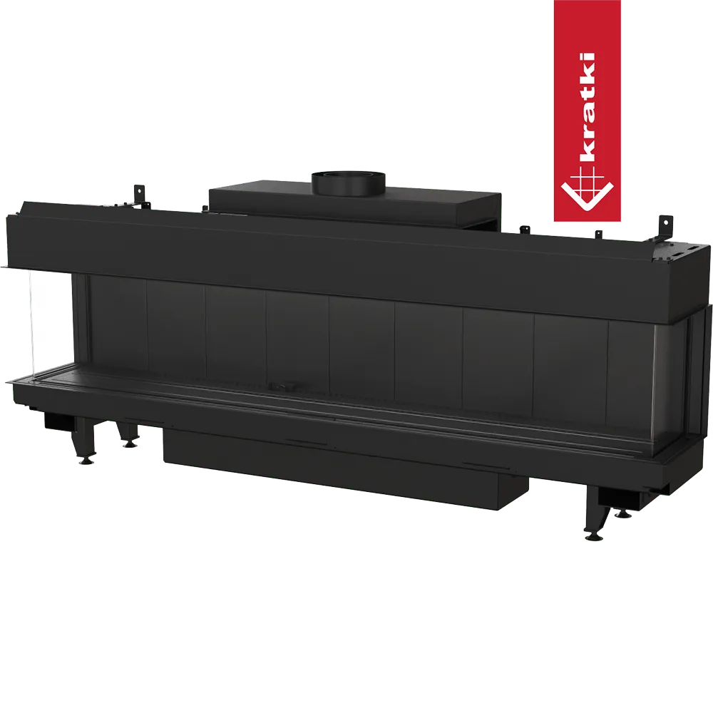Zwarte Kratki Leo 200 Links & Rechts haard met glazen zijpanelen en strak, modern ontwerp.