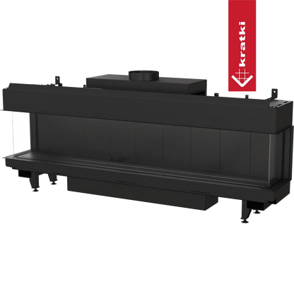 Zwarte Kratki Leo 200 Links & Rechts haard met glazen zijpanelen en strak, modern ontwerp.
