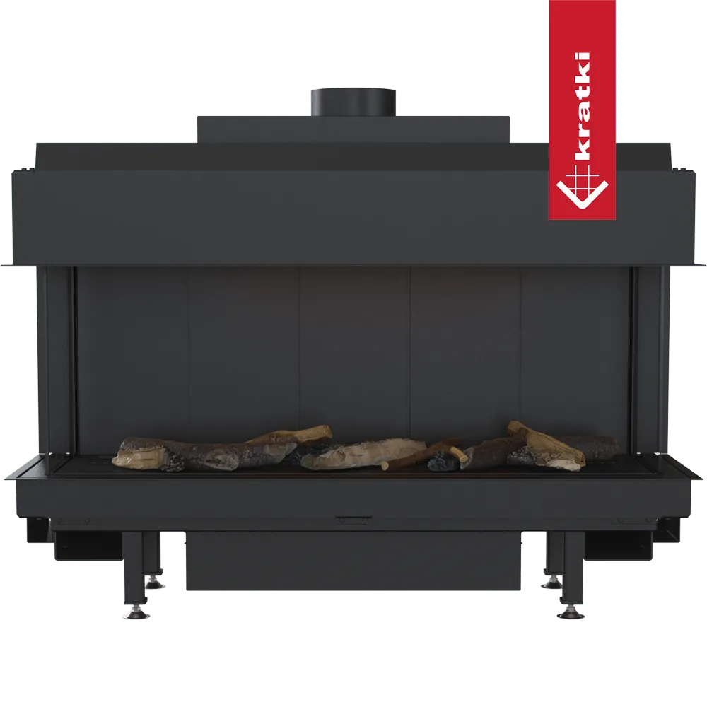 Kratki Leo 100 Links & Rechts, moderne inbouwhaard met houtblokken en glazen zijpanelen.