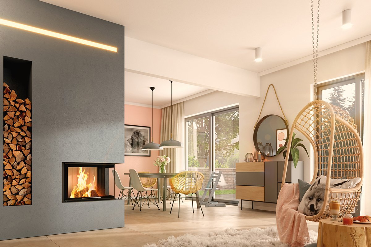 Spartherm Linear Corner 68x40x50 in moderne woonkamer met brandend vuur