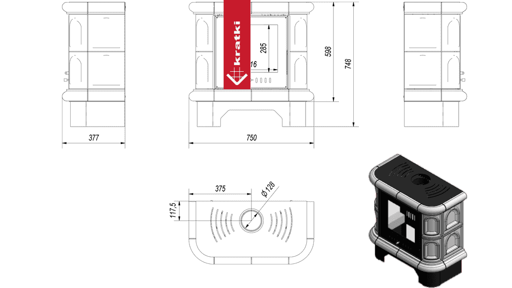 Technische tekening en 3D-weergave van Kratki WK440 houtkachel.