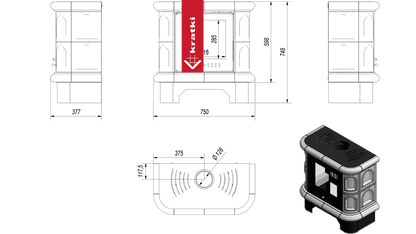 Technische tekening en 3D-weergave van Kratki WK440 houtkachel.