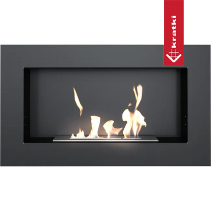 Kratki Golf moderne inbouwhaard met vlammen, zwart frame en rood Kratki logo.