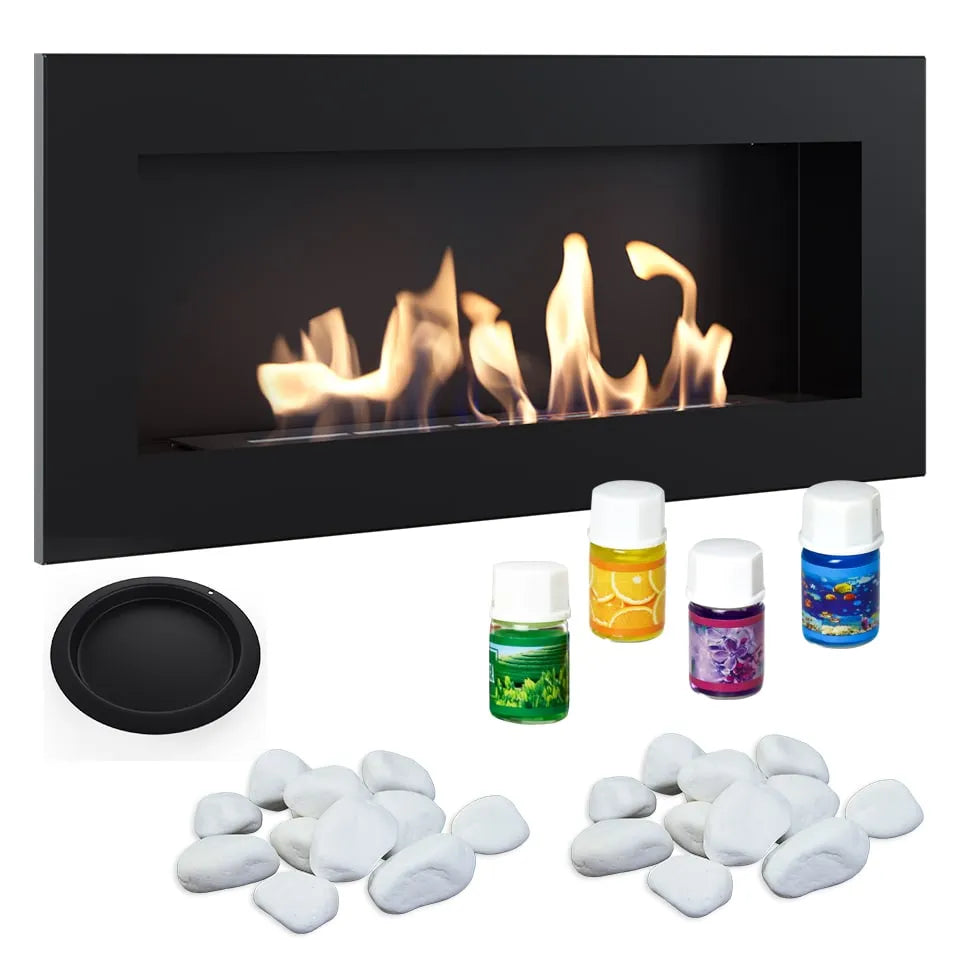 Kratki Delta2 Slim haard met accessoires: witte stenen, zwarte houder en vier geurflessen.