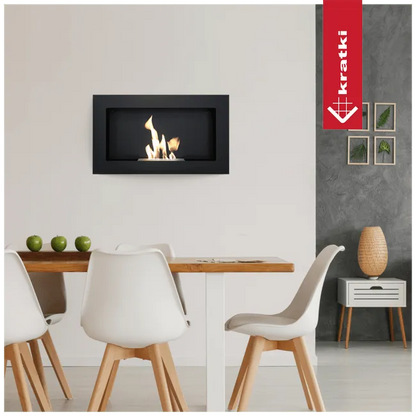Kratki Golf 2 TÜV haard in moderne eetkamer met witte stoelen en houten tafel.