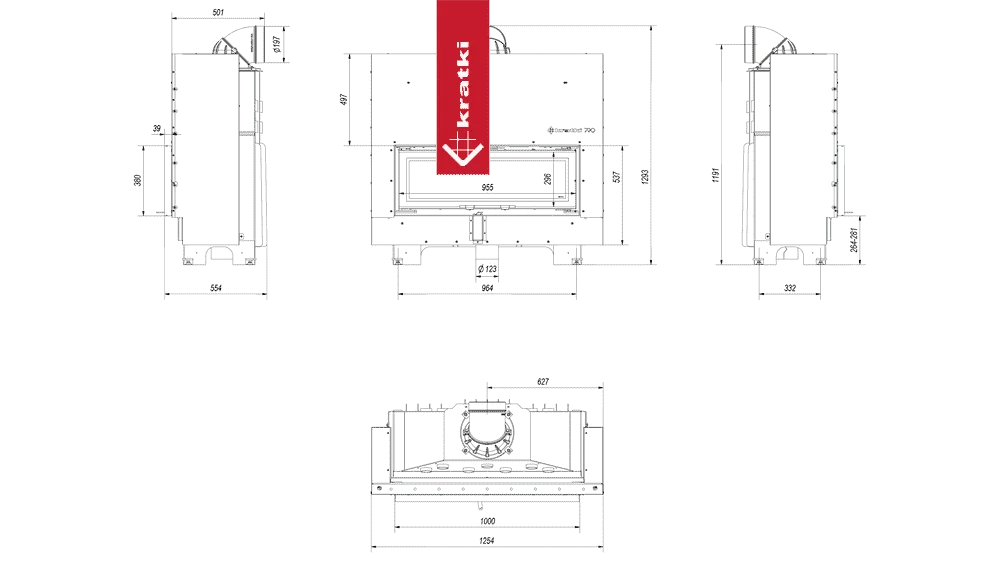 Technische tekening van Kratki MB100 haard met gedetailleerde afmetingen en specificaties.